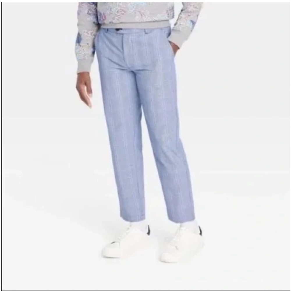 Mens Houston White Straight Leg Blue Plaid Trousers Pants